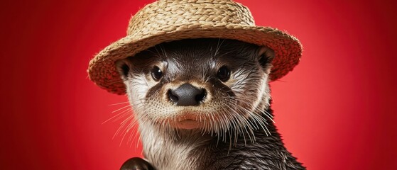 Wall Mural - Otter in a straw hat. AI.