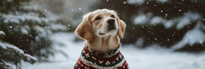 Poster - A cheerful dog wearing a cozy winter sweater sits in a snowy environment surrounded by evergreen trees, embracing the festive spirit. Generative AI
