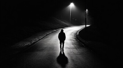 Aufkleber - A lone person stands on a deserted street at night, illuminated by streetlights, with shadows stretching across the wet pavement. Generative AI