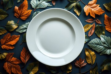 Sticker - A simple white plate sits atop a rustic wooden table, surrounded by lush green leaves