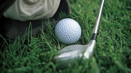 A golf ball and golf club lying on lush green grass, perfect for outdoor sports or recreational use