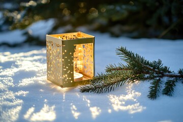 Wall Mural - A lit candle sits on top of snowy ground, perfect for winter scenes or cozy atmosphere