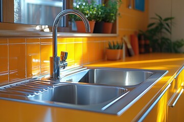 Poster - A modern kitchen with a stainless steel sink and a large window letting in natural light