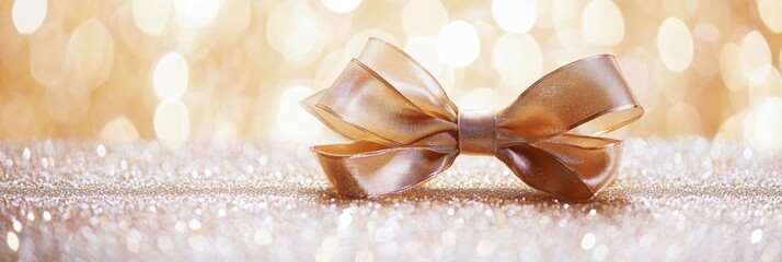 Aufkleber - A golden ribbon elegantly tied in a bow rests on a sparkling surface, enhancing the festive New Year atmosphere with available space for custom text. Generative AI