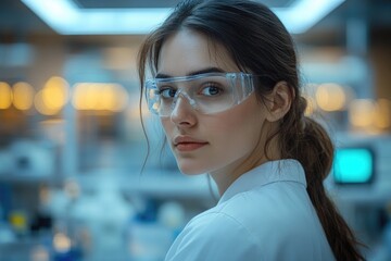 Wall Mural - A woman wearing a lab coat and safety glasses works in a laboratory setting