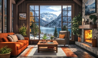 Wall Mural - Family vacation home with a scenic view and cozy living room,