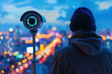 Wall Mural - A person contemplating the urban landscape under the stars