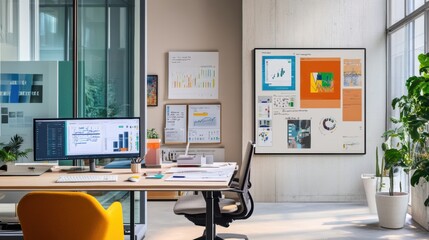 Leinwandbilder - Bright and inviting workspace designed for productivity, showcasing artistic visuals alongside a sleek, modern desk setup. Generative AI