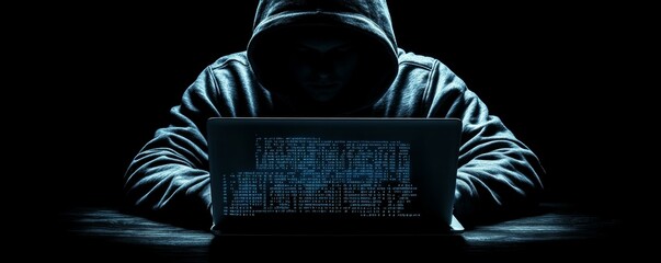 Hacker in hoodie coding on laptop with neon code projections, dark room, representing cybersecurity risks and data threats