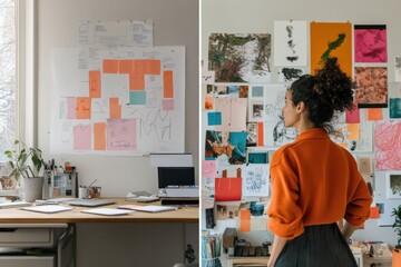 Leinwandbilder - One side features a clean workspace with notes and devices while the other presents a vibrant wall full of art and ideas, inviting creativity. Generative AI