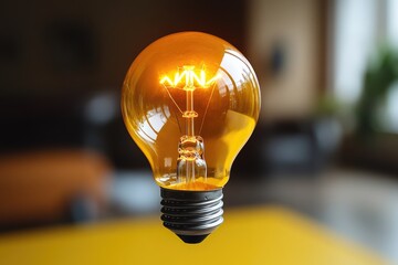 Wall Mural - a close-up view of a light bulb on a table, perfect for use in still life or product photography