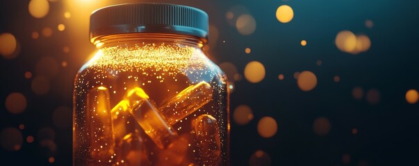 Wall Mural - glowing sports drink bottle with vitamins represented as small light dots, modern energy vitamins co