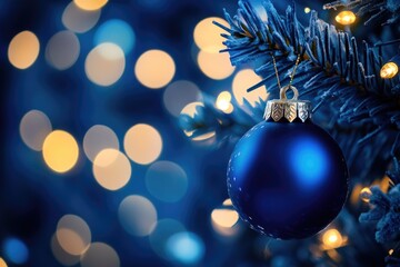 Poster - A blue glass ornament hangs from a festive Christmas tree, ready for decorations