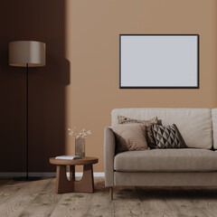 Wall Mural - blank horizontal frame mock-up on brown mocha mousse color wall in living room interior, 3d render