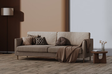 Wall Mural - mocha mousse trendy color of the year 2025, modern brown living room with sofa couch, 3d render