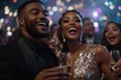 © Milos - An elegant couple smiles while toasting with champagne at a glamorous event, surrounded by vibrant lights and joyful atmosphere, capturing the essence of celebration and romance.