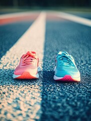 Poster - A pair of bright pink and blue running shoes lies on an outdoor track surrounded by open space, inviting energetic activity and movement. Generative AI