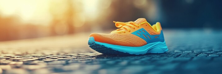 Poster - Brightly colored running shoes sit on a track awaiting action, illuminated by warm evening light in a clean area suitable for text placement. Generative AI