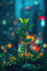 Poster - A small plant sprouts from the ground near a city skyline