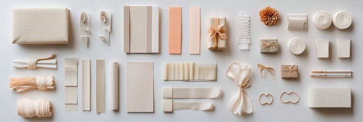 Poster - Flat lay display of various gift wrapping supplies arranged for presentation, including paper, ribbons, and decorative elements. Generative AI