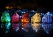 © ANUAR - Vibrant Collection of Colorful Crystals Reflecting Light on a Dark Surface, Showcasing the Beauty and Diversity of Precious Stones in Various Shapes
