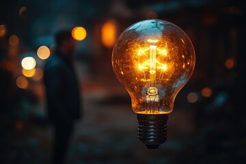 Wall Mural - a person holding a light bulb with a man in the background, great for use as an illustration for a s
