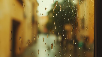 Poster - Raindrops cling to a window, blurring the view of a lonely street outside, evoking a sense of calm on a rainy afternoon. Generative AI