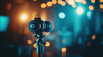Leinwandbilder - A professional interview is being recorded in a television studio, showcasing modern media technology against a creatively blurred background. Generative AI