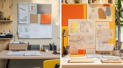 Leinwandbilder - A split view shows a tidy workspace next to a vibrant desk of sketches and colors, inspiring creativity. Generative AI