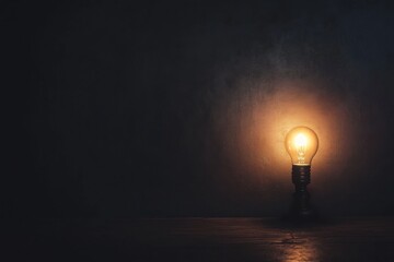 Leinwandbilder - A solitary light bulb softly glows in an empty, dark room, creating an atmosphere of solitude and offering blank space for text insertion. Generative AI