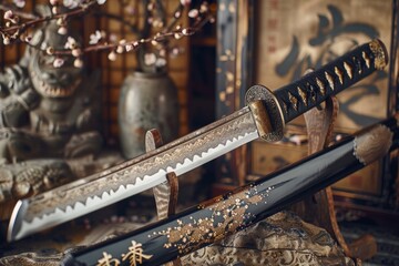Wall Mural - a close-up shot of two knives lying on a table, suitable for use in crime scene or mystery-themed vi