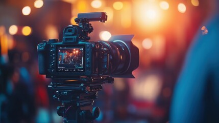Leinwandbilder - A camera is actively recording an interview in a television studio with blurred background effects, illustrating advanced media technology. Generative AI