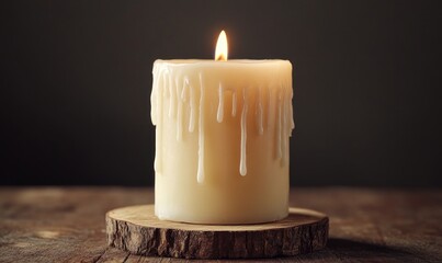 Poster - A candle with dripping wax on top of a wooden base