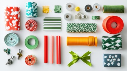 Poster - Crafting a festive atmosphere with colorful gift wrapping supplies, including ribbons, wrapping paper, and empty cards for personal notes. Generative AI