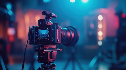 Poster - A professional setup captures an interview in a vibrant television studio showcasing innovative media technologies with blurred background elements. Generative AI