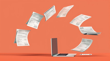 papers form an arch, shredding and flowing into a laptop, symbolizing digitization, paperless office