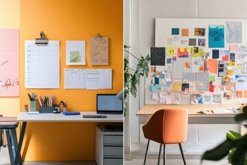 Leinwandbilder - Two distinct workspace styles highlight a minimalist setup with organization tools and an artistic display bursting with color and inspiration. Generative AI