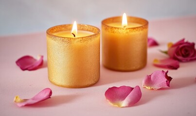 Poster - Two candles are lit on a table with pink rose petals