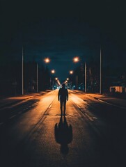 Aufkleber - A solitary person stands in the middle of an empty street at night, streetlights casting long shadows, leaving a blank space above for text. Generative AI