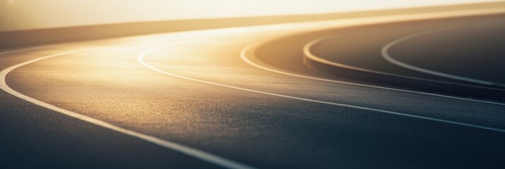 Poster - A smooth and inviting curved running track leads towards the horizon, bathed in soft morning light and creating peaceful ambiance. Generative AI