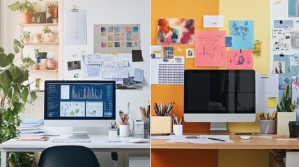 Leinwandbilder - A minimalist workspace has a clean desk with a computer, while an artistic area showcases vibrant art and organized materials. Generative AI