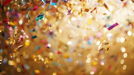 Poster - Falling vibrant confetti and curling ribbons dance in the air against a shimmering golden backdrop, perfect for New Year celebrations. Generative AI