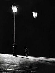 Poster - A lone person strolls on a dark, deserted street illuminated by streetlights, creating dramatic shadows and a tranquil atmosphere. Generative AI