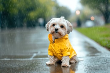 Poster - A small dog wearing a yellow raincoat sits on a wet sidewalk while light rain falls in a peaceful urban setting with trees nearby. Generative AI