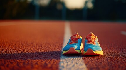 Poster - A pair of bright running shoes sits on an outdoor track at sunset, ready for an evening workout or training session. Generative AI