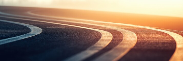 Leinwandbilder - A curved running track with distinct lanes leads towards the horizon, bathed in warm sunlight, inviting outdoor athletic activities. Generative AI