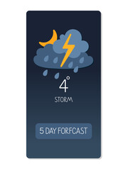Wall Mural - Weather forecast showing storm conditions with rain and lightning in a digital display