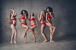 © deagreez - Full size photo of five pretty lovely model women dance celebrate wear red lingerie grey wall studio background