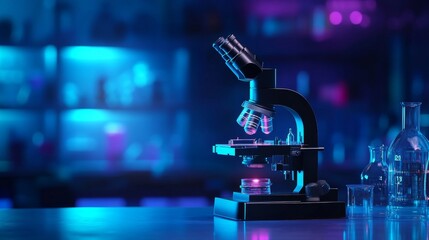 microscope in a science lab with glassware and neon lighting