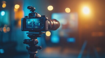 Leinwandbilder - Recording an interview on camera occurs in a digital studio setting with a blurred background, emphasizing modern media technologies. Generative AI